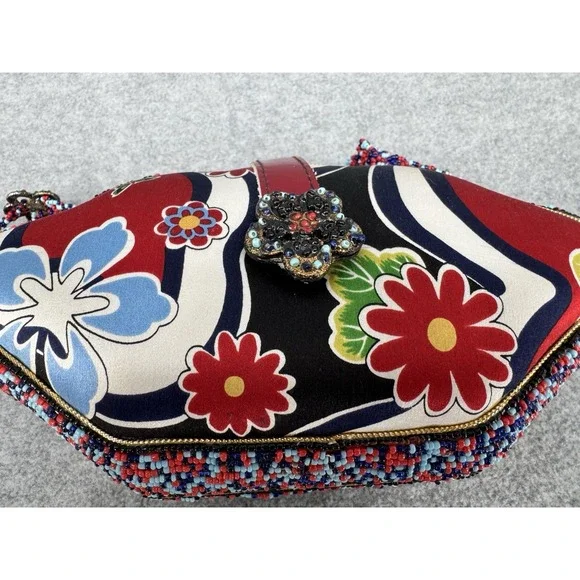Mary Frances Beaded Crossbody Shoulder Bag Red Blue Floral Butterfly Embellished